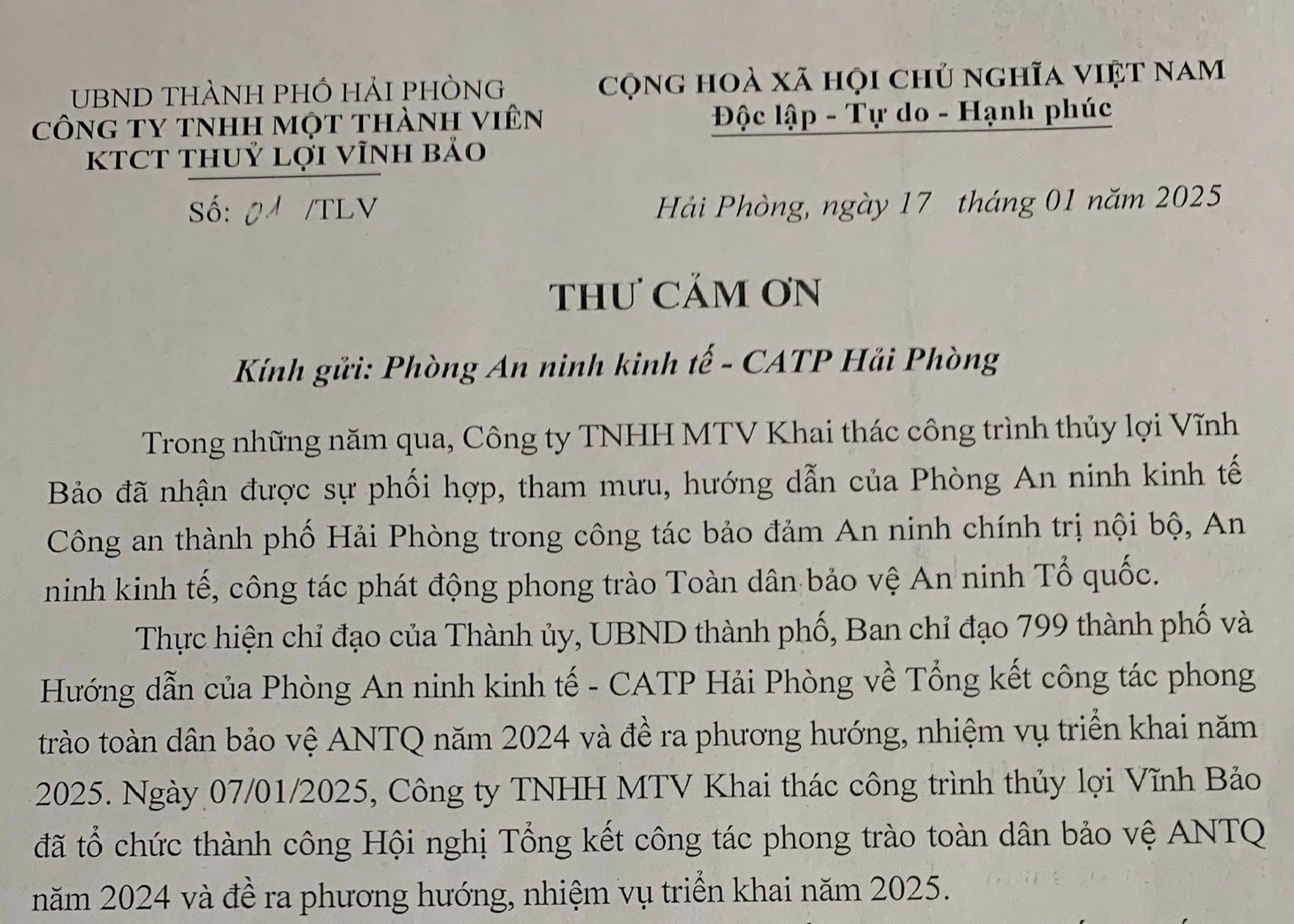Công ty TNHH MTV Khai thác công trình thủy lợi Vĩnh Bảo gửi thư cảm ơn